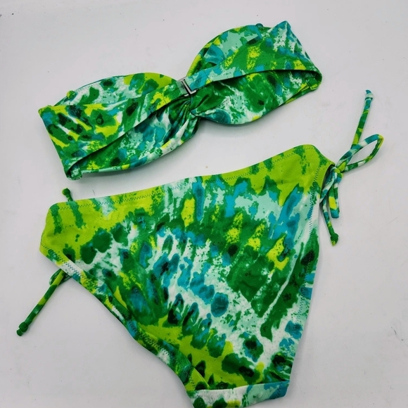 Victoria's Secrets Vintage Green Abstract Bandeau Twist Bikini Size S - Picture 3 of 11